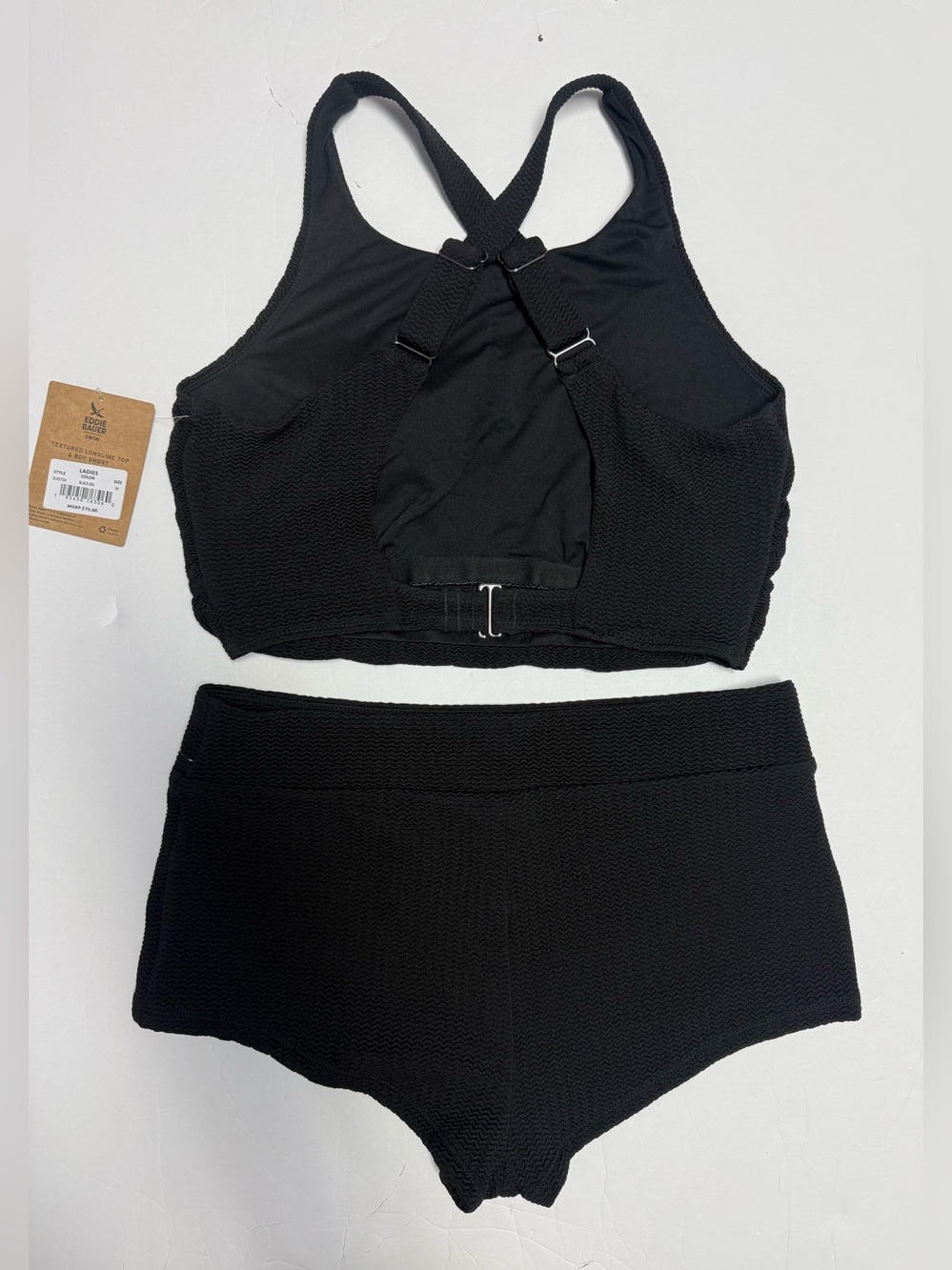 NWT Eddie Bauer Women’s Black textured High-Neck Swim Set - Top & Boyshorts M - Picture 2 of 16
